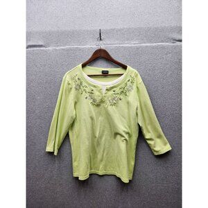 Womens Green Embroidered 3/4 Sleeve Top By Morning Sun Size XL